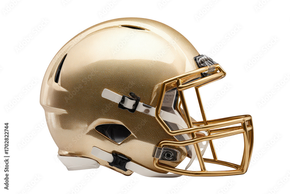 Naklejka premium Gold football helmet, profile view. Glossy, golden-bronze finish. Protective facemask and chinstrap. Modern design