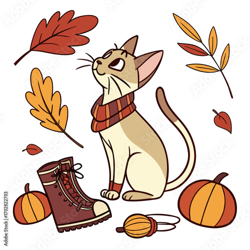 A Shy Oriental Shorthair with with a scarf in a Autumn theme – Autumn Leaves palette SVG illustration