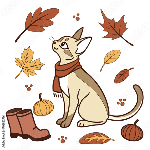 Playful Loving Oriental Shorthair design, styled with wearing a cape and Autumn Leaves shades in a Autumn setting