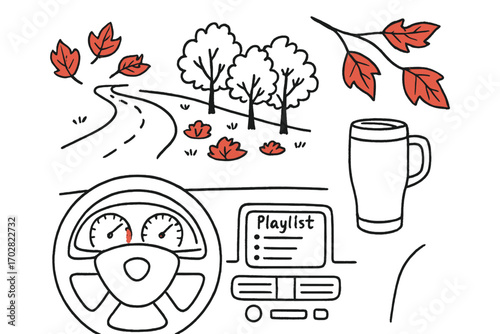 Autumn Roadtrip Doodles. Fall foliage drive: hand drawn doodles of winding road, red leaves, roadside trees, car dashboard,