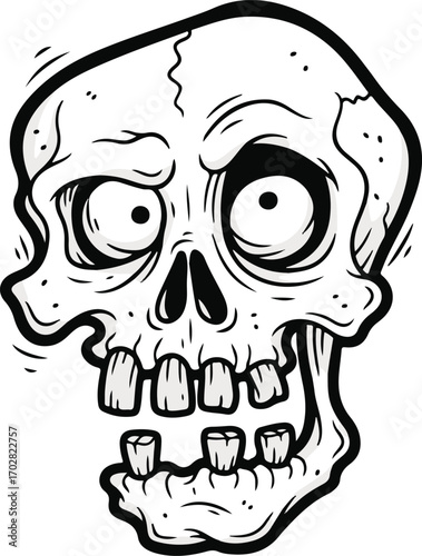 A whimsical and slightly spooky cartoon illustration of a human skull with wide, bulging eyes and a gaping mouth, rendered in a bold black and white line art style