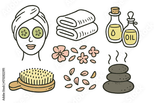 Spa Day Essentials. Spa day essentials: hand drawn doodles of cucumber mask, towels, aroma oils, flower petals, massage brush, and