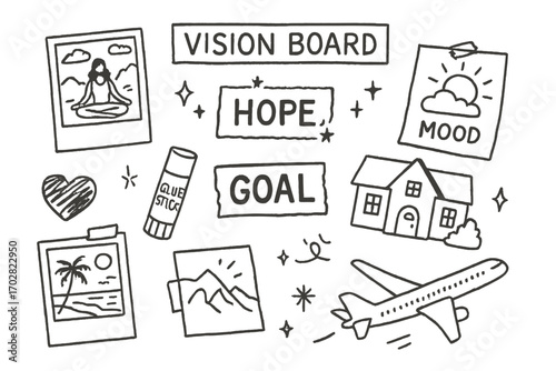 Dreamy Vision Board. Vision board: hand drawn doodles of cut-out images, goal label, glue stick, dreamy visuals, hope words, and
