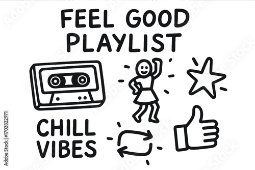 Feel Good Doodles. Feel good playlist: hand drawn doodles of cassette tape, dancing emoji, chill vibes, thumbs up, repeat icon,