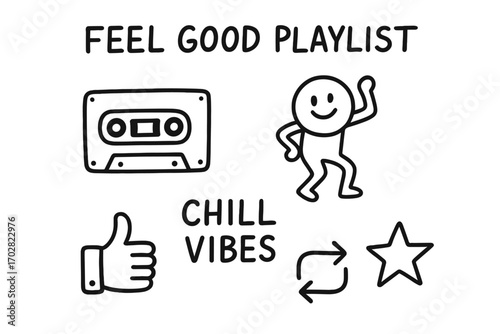 Feel Good Doodles. Feel good playlist: hand drawn doodles of cassette tape, dancing emoji, chill vibes, thumbs up, repeat icon,