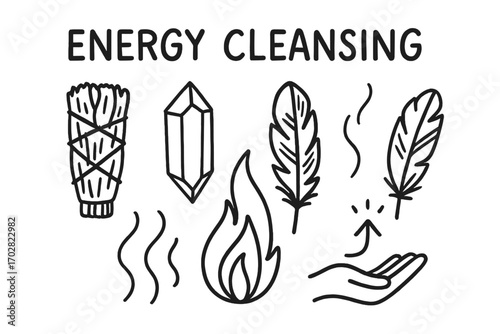 Energy Cleansing Symbols. Energy cleansing: hand drawn doodles of sage bundle, crystal, feather fan, flame, smoke lines, and