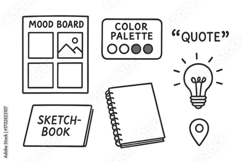 Creative Workspace Doodles. Workspace inspiration: hand drawn doodles of mood board, color palette, quote doodle, idea lightbulb,