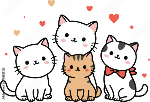 Cute and Adorable Kittens Family Portrait with Hearts, Perfect for Greeting Cards and Animal Lovers