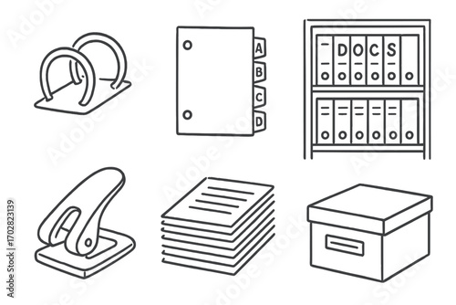Office Supplies Doodles. Personal filing: hand drawn doodles of binder rings, labeled tabs, archive shelf, hole puncher, doc stack