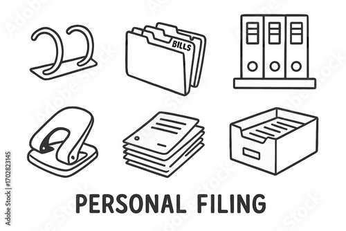 Office Supplies Doodles. Personal filing: hand drawn doodles of binder rings, labeled tabs, archive shelf, hole puncher, doc stack