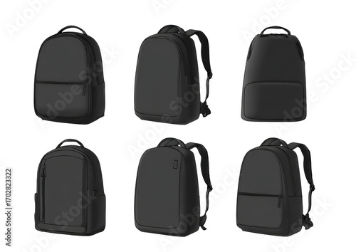 Six different black backpacks in various perspectives, displaying different design features