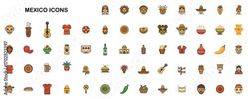 Collection of colorful pixel art icons representing traditional Mexican culture and symbols, perfect for graphic design and digital projects