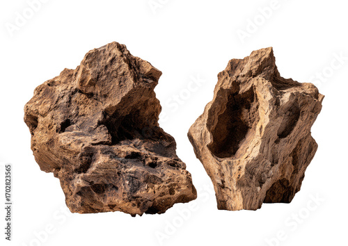 Two sculpted, irregular rock formations, light brownish-gray in color, with rough textures and hollowed-out areas