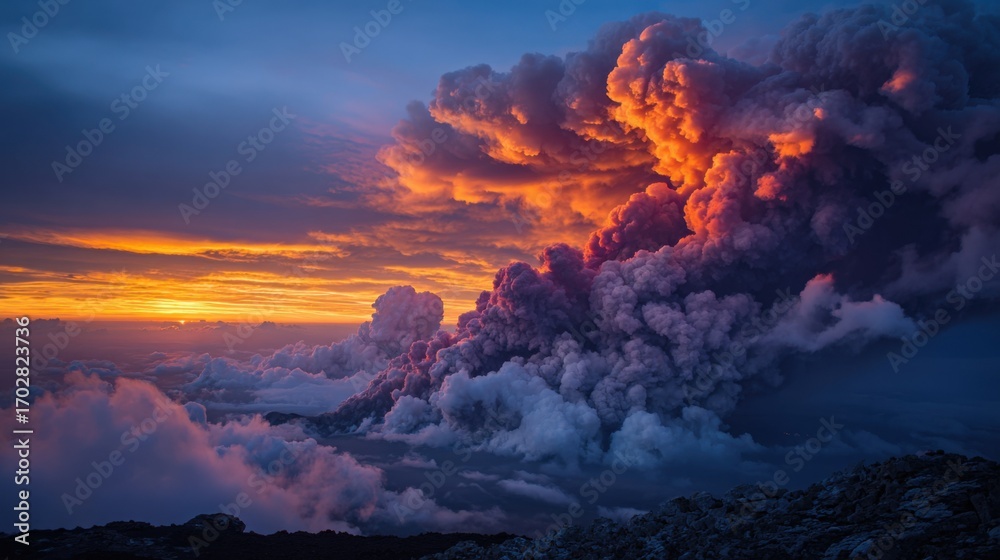 Fototapeta premium A powerful volcanic eruption releases dark smoke and ash into the twilight sky, casting vibrant orange and purple hues. The dramatic scene unfolds against a backdrop of clouds and the setting sun.