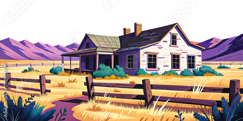 Ruins of western ranch house, broken wooden fence and dry prairie grass around