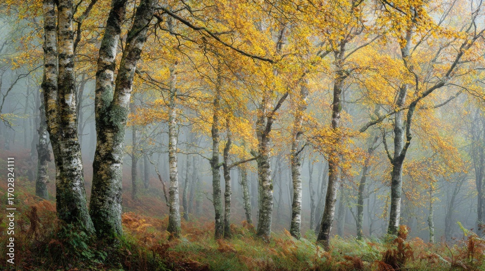Obraz premium Golden leaves adorn birch trees in a misty forest during autumn. The serene landscape creates a peaceful vibe as fog envelops the ground and trees.