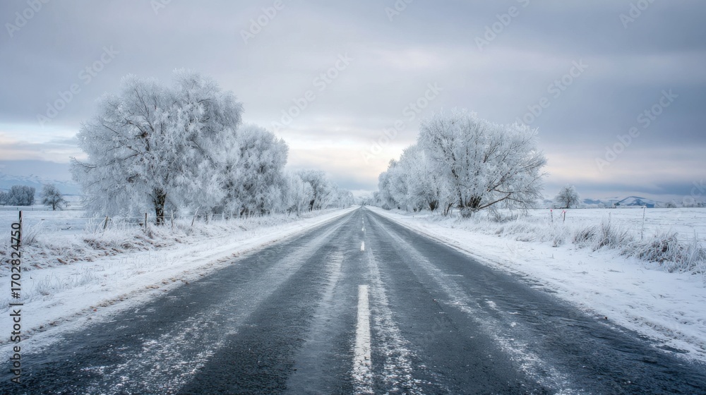 Obraz premium A long, icy road stretches into the distance, bordered by snow-covered trees. The landscape is serene, with a gray sky overhead hinting at winters chill.
