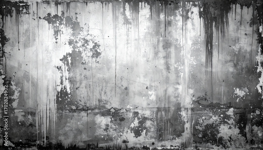 Obraz premium Abstract monochrome background featuring a weathered and distressed wall with peeling paint and dark, gritty stains, creating a grunge texture perfect for industrial or vintage designs