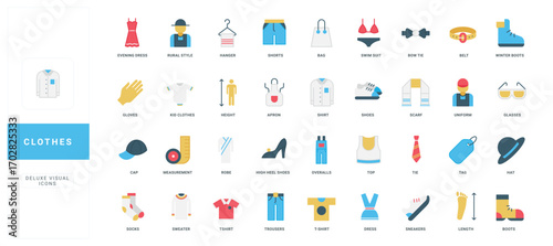 Casual fashion clothes and accessories, female and male, baby apparel color icon set. Wardrobe hanger and dress, trousers of suit and cap, socks and shirt, sweater and boot flat vector illustration