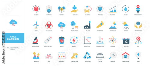 CO2 emissions footprint, carbon dioxide reduction and net zero, green energy color icon set. Pollution effect, smart home and ESG, global environmental protection ideas flat vector illustration