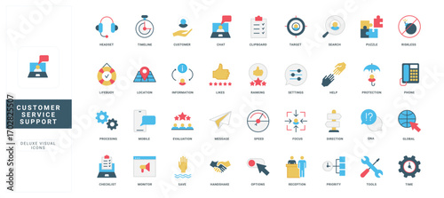 Customer support service, call center, online online answers to questions color icon set. Client care focus, advices and information on settings and options, repair procedure flat vector illustration