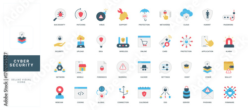 Cyber security of network connection and data, server and wallet, digital privacy system color icon set. Hacker crime warning, cloud and code protection, email phishing flat vector illustration