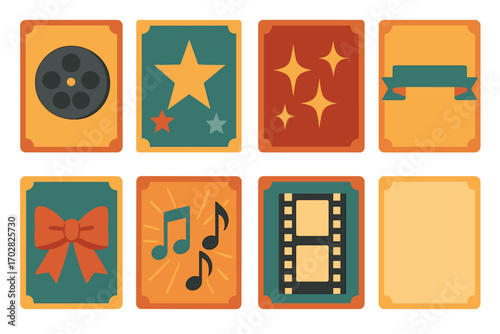 Film festival flat icon set. featuring camera, star, sparkle, banner, bow, music, filmstrip, and frame symbols