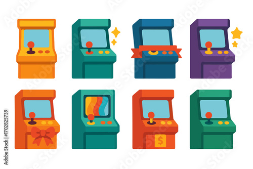 Arcade machine flat icon set. featuring vintage, joystick, buttons, coin slot, screen, and cabinet designs