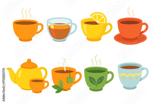 Hot drinks flat icon set. featuring coffee, tea, lemon tea, herbal, steaming cup, teapot, and green tea