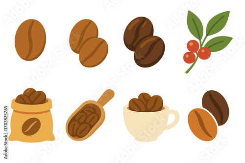 Coffee theme flat icon set. featuring beans, plant, bag, scoop, and cup symbols