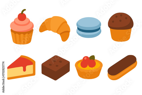 Bakery flat icon set. featuring cupcake, croissant, macaron, muffin, cheesecake, brownie, tart, eclair icons