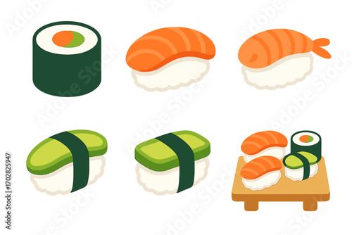 Sushi flat icon set. featuring maki roll, nigiri, salmon slice, sashimi, and sushi platter symbols.