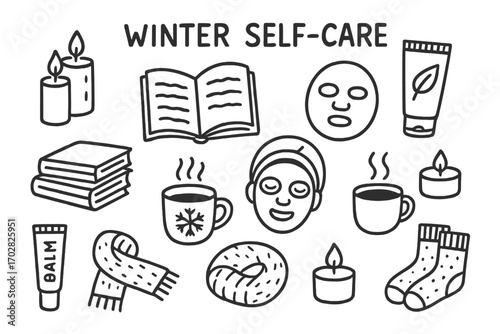 Winter Self-Care Icons. Winter self-care doodle set: hand drawn icons for candles, books, face masks, and cozy rituals, isolated