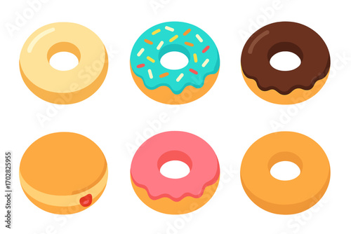 Food silhouette icon set. featuring donut, sprinkled, chocolate, glazed, heart-filled, and plain symbols