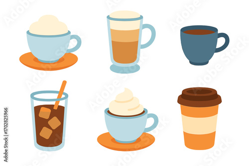 Coffee beverage silhouette icon set. featuring espresso, cappuccino, latte, iced coffee, mocha, and to-go cup icons