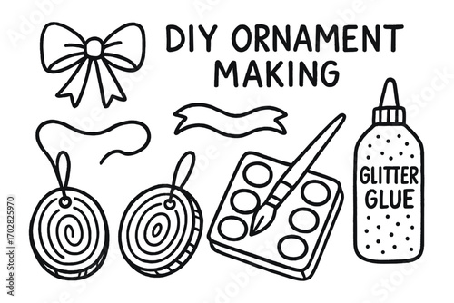 DIY Ornament Icons. DIY ornament making doodle set: hand drawn icons for ribbons, wood slices, paints, and glitter glue, isolated