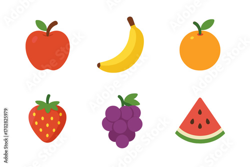 Fruit flat icon set. featuring apple, banana, orange, strawberry, grapes, and watermelon icons