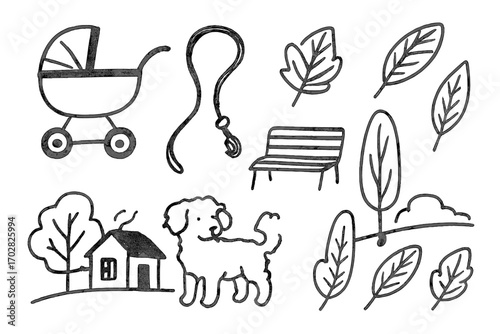 Neighborhood Walk Doodles. Neighborhood walk doodle set: hand drawn icons for strollers, leashes, leaves, and local scenery,