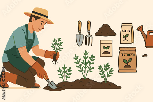 Gardener's Toolkit. Horizontal vector banner showing gardener planting herbs and detailed gardening icon set for tools, soil types