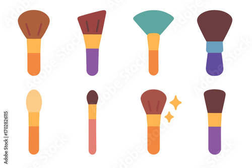 Makeup brushes flat icon set. featuring blush, contour, highlighting, foundation, fan, and eyeshadow brushes
