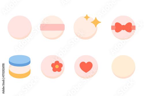 Cosmetic flat icon set. featuring compact, band, sparkle, bow, cream, flower, heart.