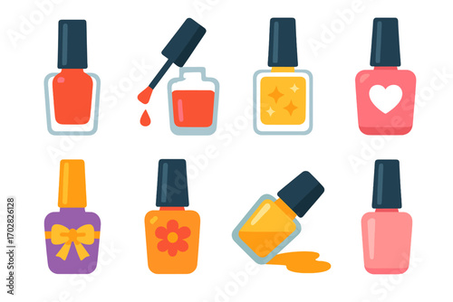 Nail polish flat icon set. featuring red, pink, orange, yellow, purple, glitter, heart, flower, bow