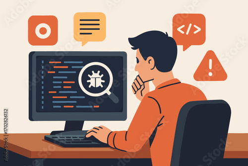 Developer Debugging Tools. Creative scene showing developer debugging code and debugging tools icon set for breakpoints, logs,