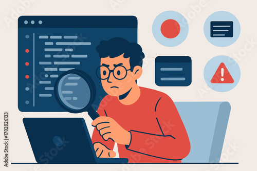 Developer Debugging Tools. Creative scene showing developer debugging code and debugging tools icon set for breakpoints, logs,