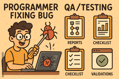 Bug Fixing Cartoon. Cartoon-style banner showing programmer fixing bug and QA/testing icon set for test cases, reports, checklists