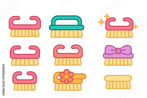 Cleaning brushes flat icons set. featuring scrub brush, sparkle, bow, and flower decoration symbols