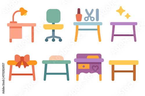 Home furniture flat icon set. featuring desk, chair, nail polish, scissors, sparkle, bow, table, baby crib