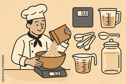 Baker's Tools Vector. Creative vector strip showing baker weighing ingredients and preparation icon set for digital scales,