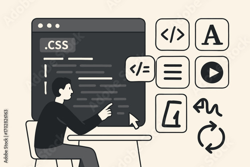 Web Designer Tools. Vector layout showing web designer editing CSS and visual styling icon set for spacing, fonts, alignment and