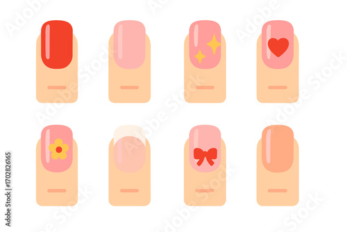 Nail art silhouette icon set. featuring heart, stars, bow, flower, and french tip designs